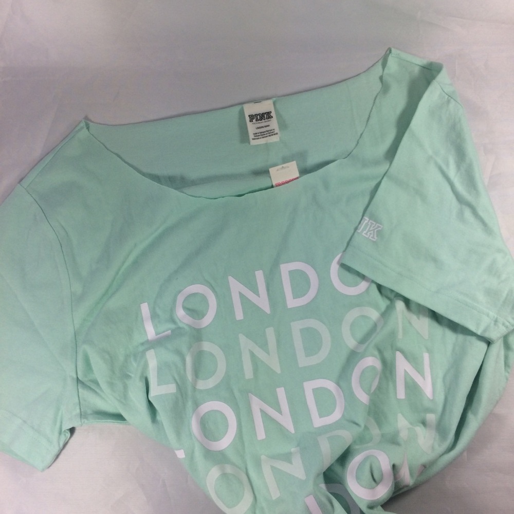 NWT Victoria's Secret Graphic Tee LONDON Teal Raw Edge Boat Neck Tee T-Shirt L
